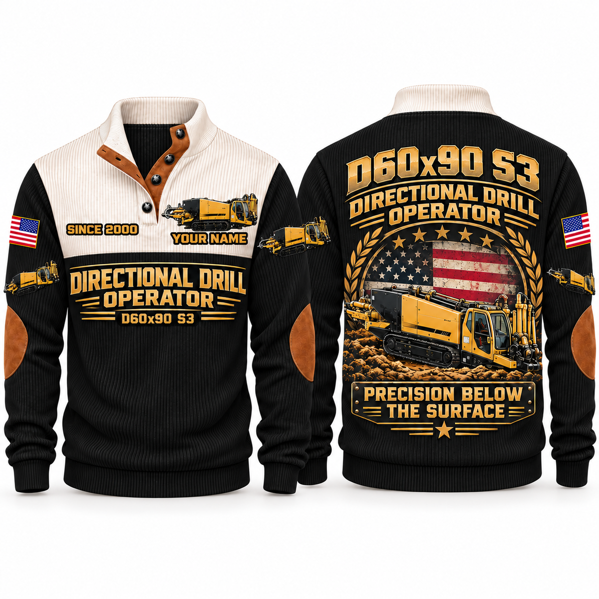 D60x90 S3 HDD/Directional Drill Operator Sports Sweatshirt in Black, front and back views, sample YOUR NAME and SINCE 2000 personalization