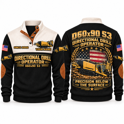 D60x90 S3 HDD/Directional Drill Operator Sports Sweatshirt in Black, front and back views, sample YOUR NAME and SINCE 2000 personalization