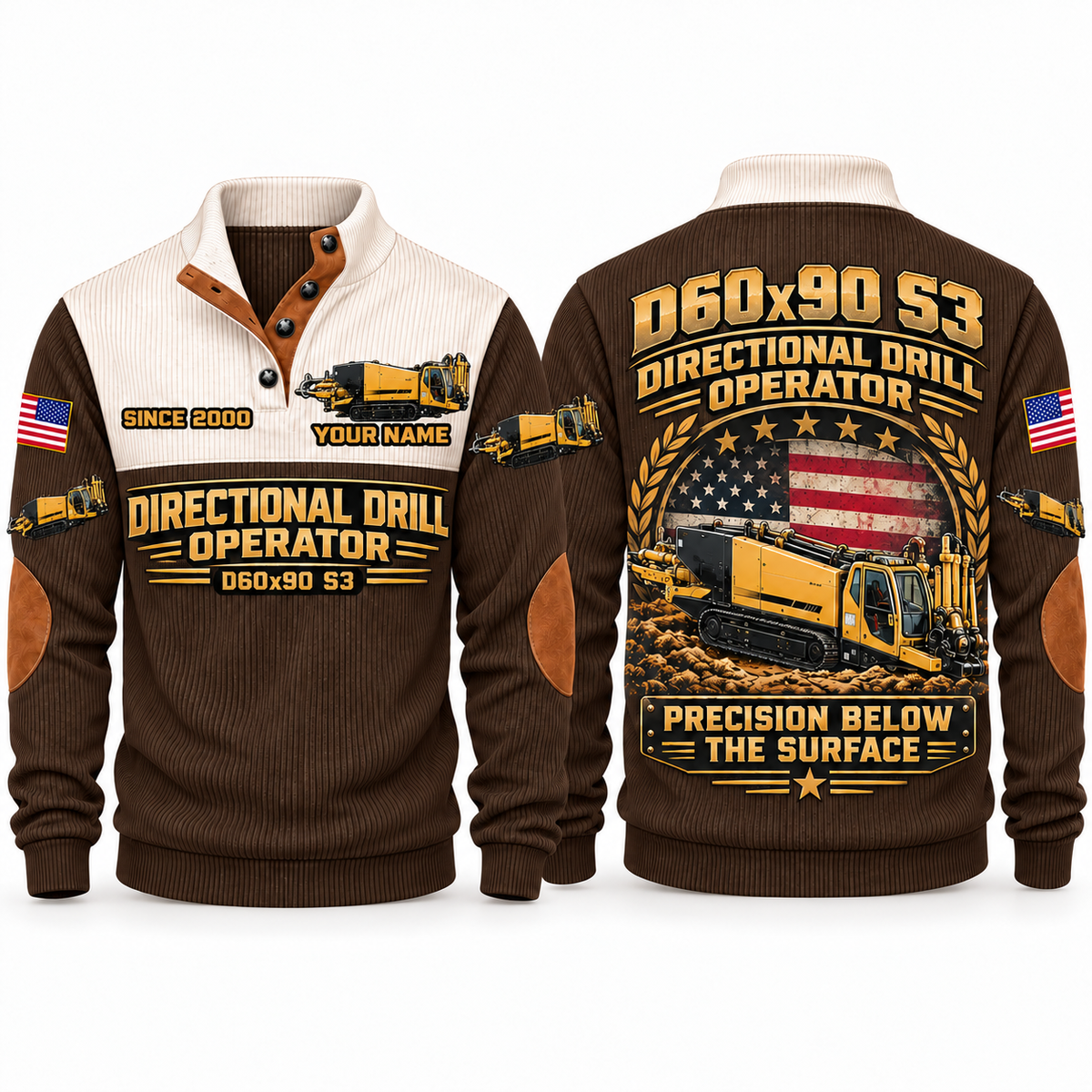 D60x90 S3 HDD/Directional Drill Operator Sports Sweatshirt in Brown, front and back views, sample YOUR NAME and SINCE 2000 personalization
