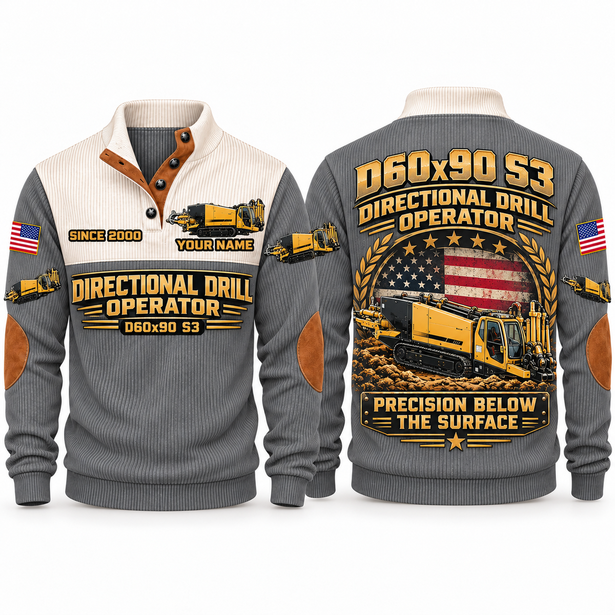 D60x90 S3 HDD/Directional Drill Operator Sports Sweatshirt in Grey, front and back views, sample YOUR NAME and SINCE 2000 personalization