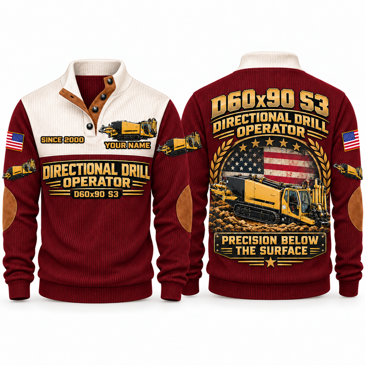 D60x90 S3 HDD/Directional Drill Operator Sports Sweatshirt in Jujube Red, front and back views, sample YOUR NAME and SINCE 2000 personalization