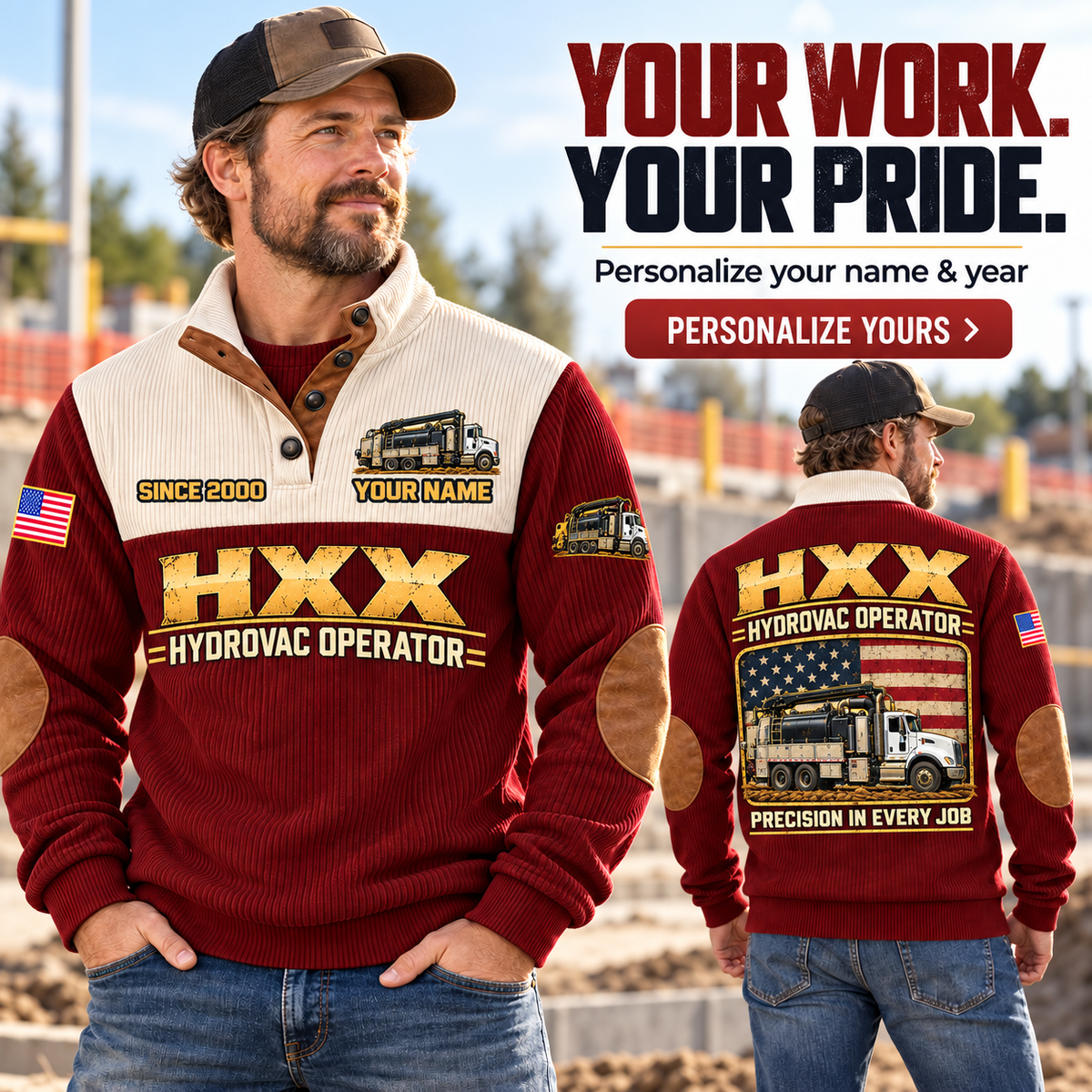 Personalized TRUVAC HXX Truck-Mounted Hydrovac Sports Sweatshirt in Jujube Red, dedicated lifestyle featured image showing front and back artwork, personalized YOUR NAME and SINCE 2000