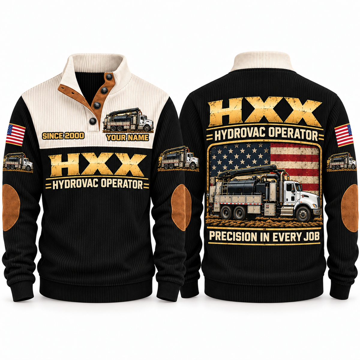 HXX Hydrovac/Vacuum Excavator Operator Sports Sweatshirt in Black, front and back views, sample YOUR NAME and SINCE 2000 personalization