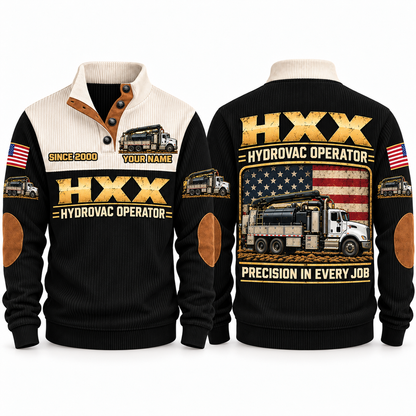 HXX Hydrovac/Vacuum Excavator Operator Sports Sweatshirt in Black, front and back views, sample YOUR NAME and SINCE 2000 personalization