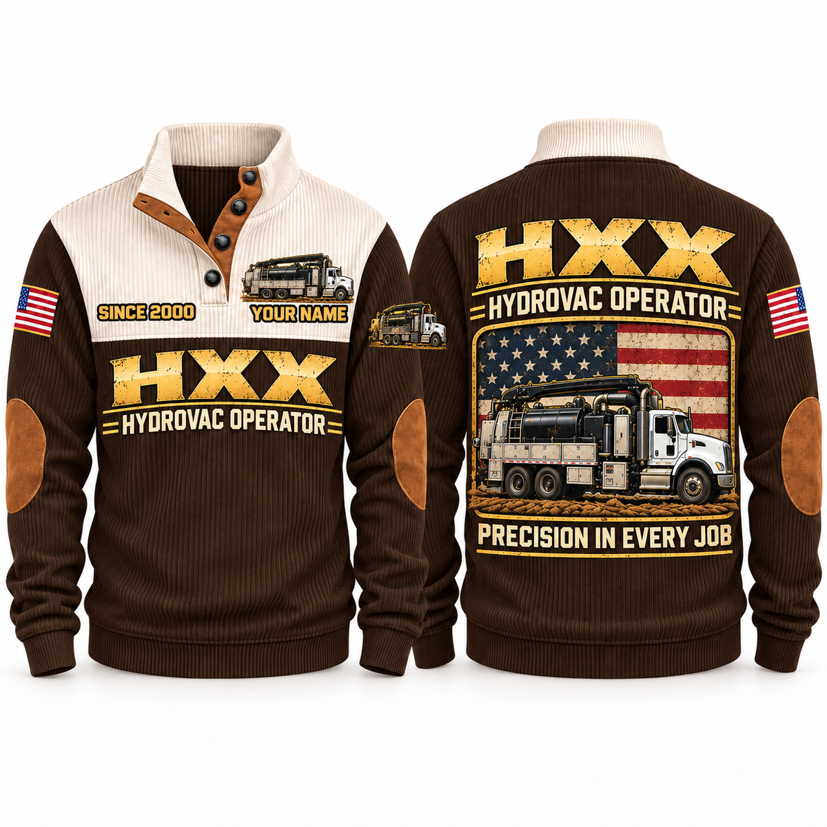 HXX Hydrovac/Vacuum Excavator Operator Sports Sweatshirt in Brown, front and back views, sample YOUR NAME and SINCE 2000 personalization