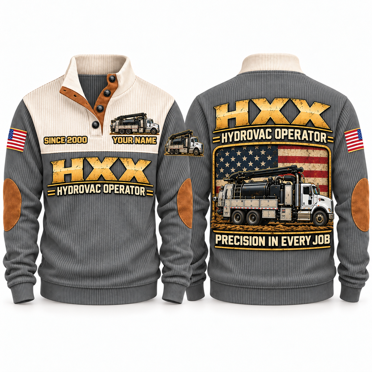 HXX Hydrovac/Vacuum Excavator Operator Sports Sweatshirt in Grey, front and back views, sample YOUR NAME and SINCE 2000 personalization