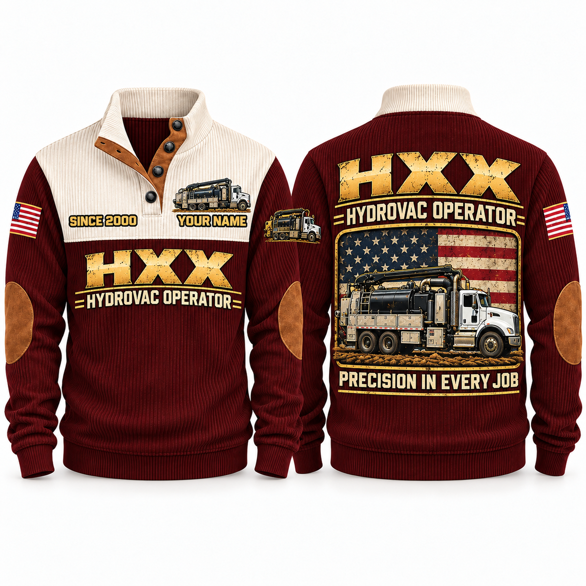 HXX Hydrovac/Vacuum Excavator Operator Sports Sweatshirt in Jujube Red, front and back views, sample YOUR NAME and SINCE 2000 personalization