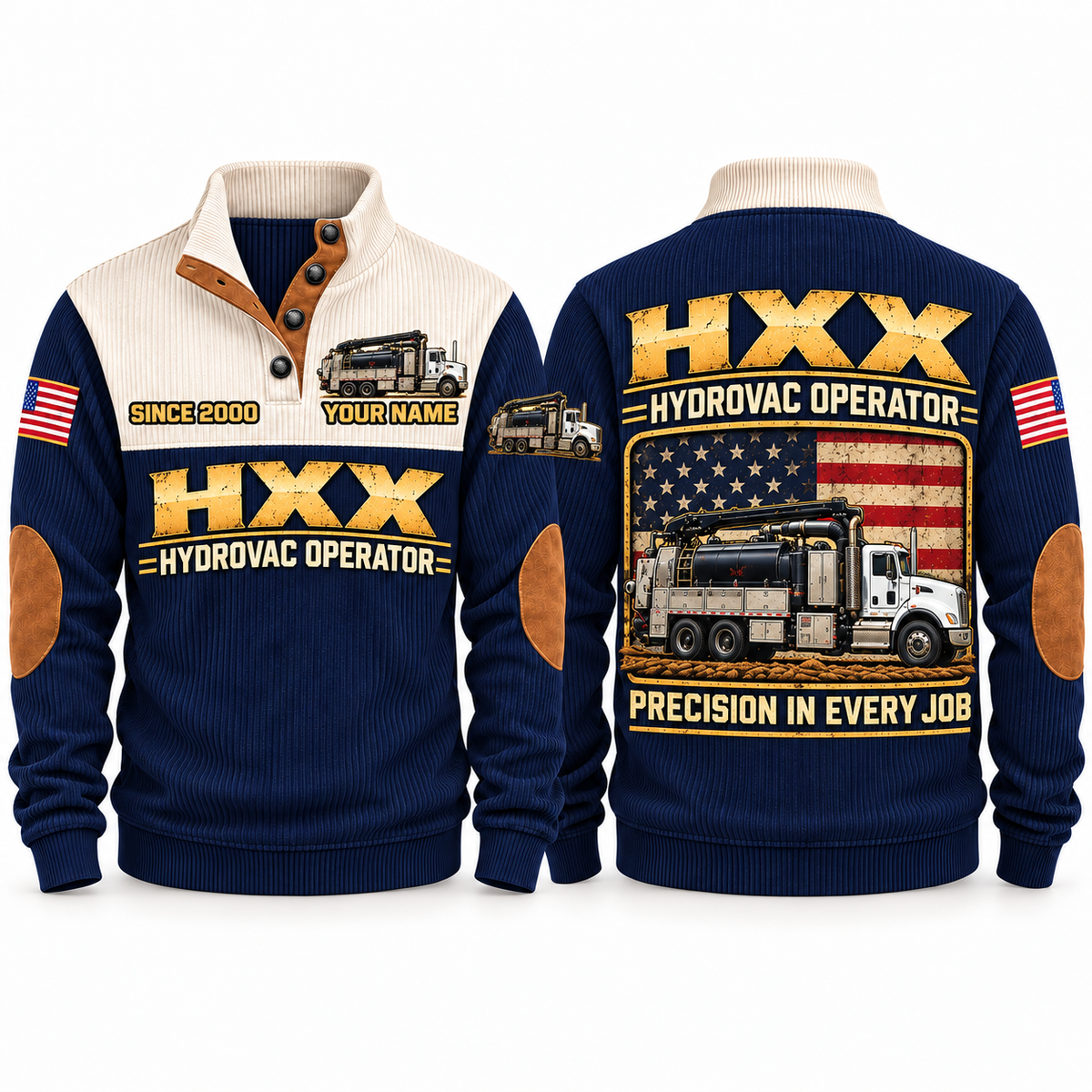 HXX Hydrovac/Vacuum Excavator Operator Sports Sweatshirt in Navy, front and back views, sample YOUR NAME and SINCE 2000 personalization