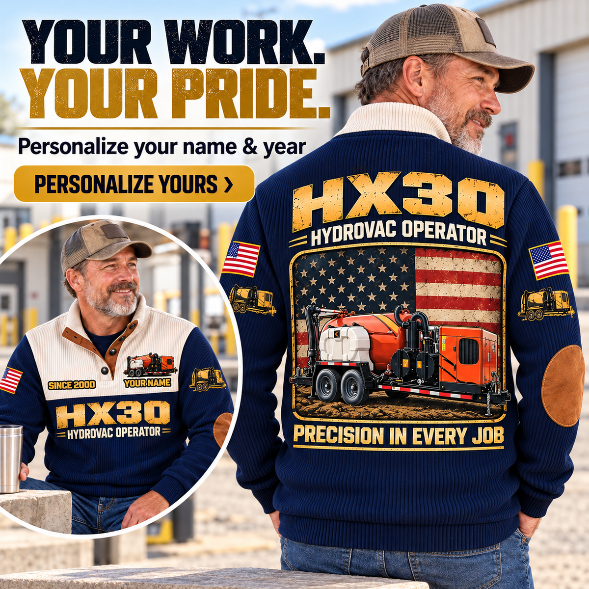 Personalized Ditch Witch HX30 Trailer Vacuum Excavator Sports Sweatshirt in Navy, dedicated lifestyle featured image showing front and back artwork, personalized YOUR NAME and SINCE 2000