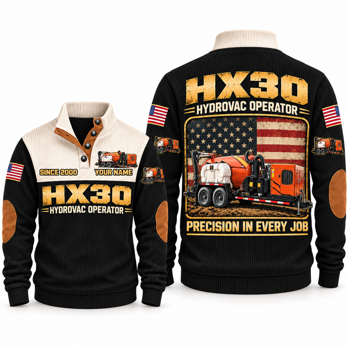HX30 Hydrovac/Vacuum Excavator Operator Sports Sweatshirt in Black, front and back views, sample YOUR NAME and SINCE 2000 personalization
