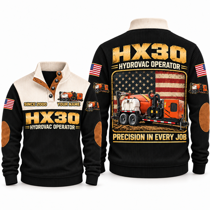 HX30 Hydrovac/Vacuum Excavator Operator Sports Sweatshirt in Black, front and back views, sample YOUR NAME and SINCE 2000 personalization