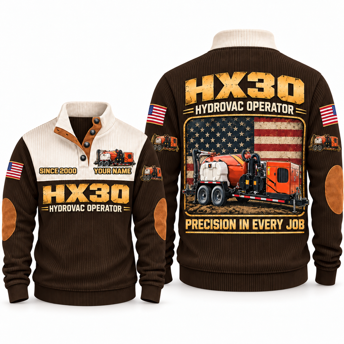 HX30 Hydrovac/Vacuum Excavator Operator Sports Sweatshirt in Brown, front and back views, sample YOUR NAME and SINCE 2000 personalization