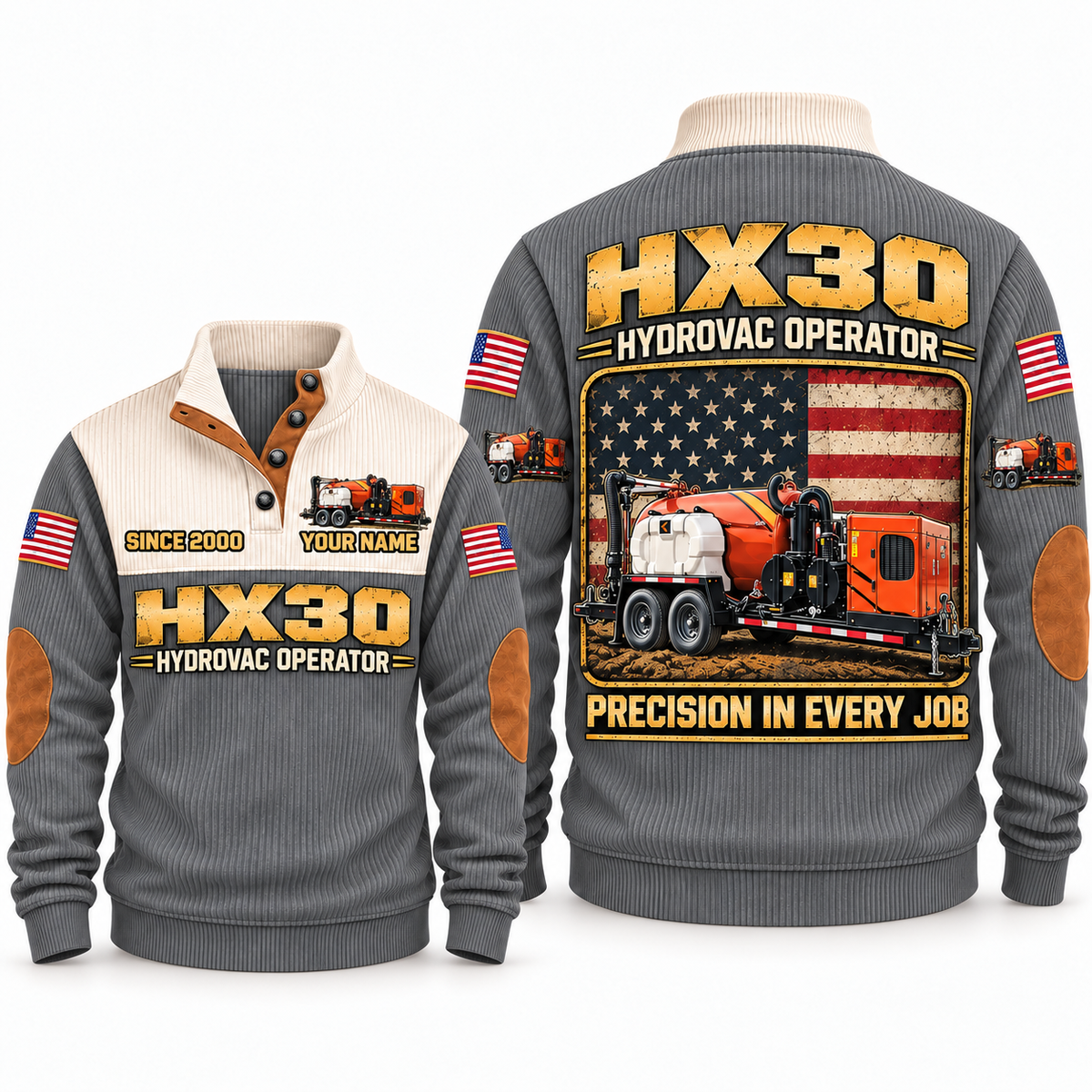 HX30 Hydrovac/Vacuum Excavator Operator Sports Sweatshirt in Grey, front and back views, sample YOUR NAME and SINCE 2000 personalization