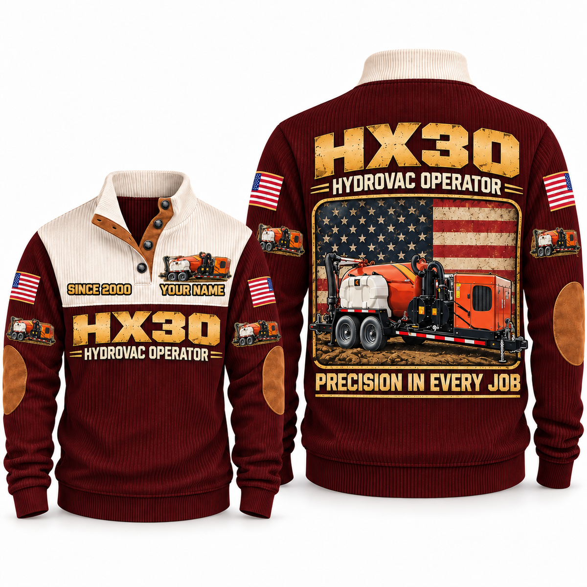 HX30 Hydrovac/Vacuum Excavator Operator Sports Sweatshirt in Jujube Red, front and back views, sample YOUR NAME and SINCE 2000 personalization