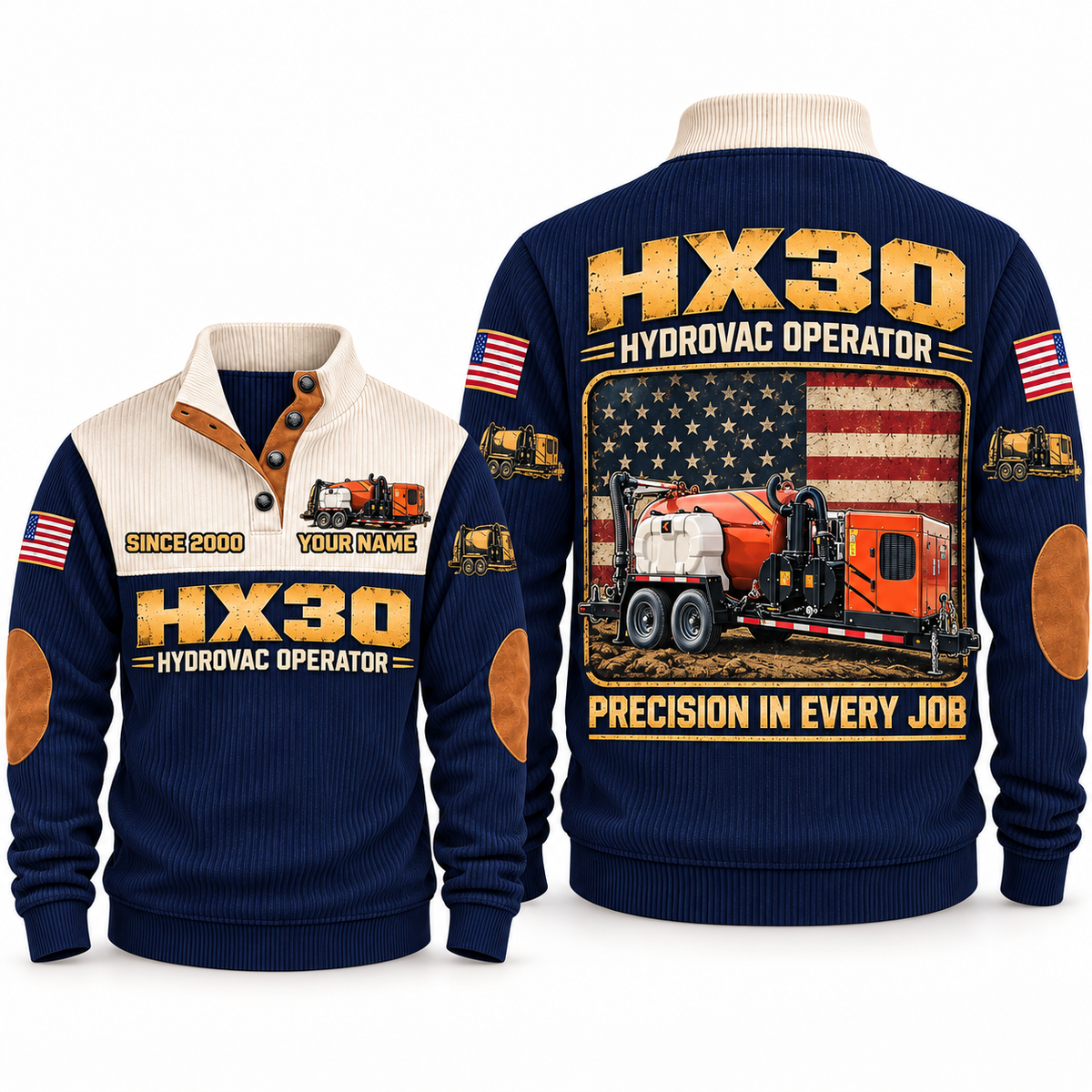 HX30 Hydrovac/Vacuum Excavator Operator Sports Sweatshirt in Navy, front and back views, sample YOUR NAME and SINCE 2000 personalization