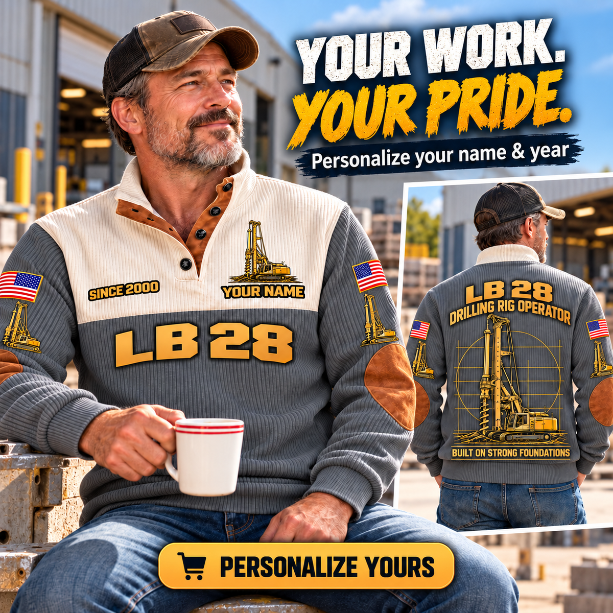 Personalized Liebherr LB 28 Foundation Drilling Rig Sports Sweatshirt in Grey, dedicated lifestyle featured image showing front and back artwork, personalized YOUR NAME and SINCE 2000