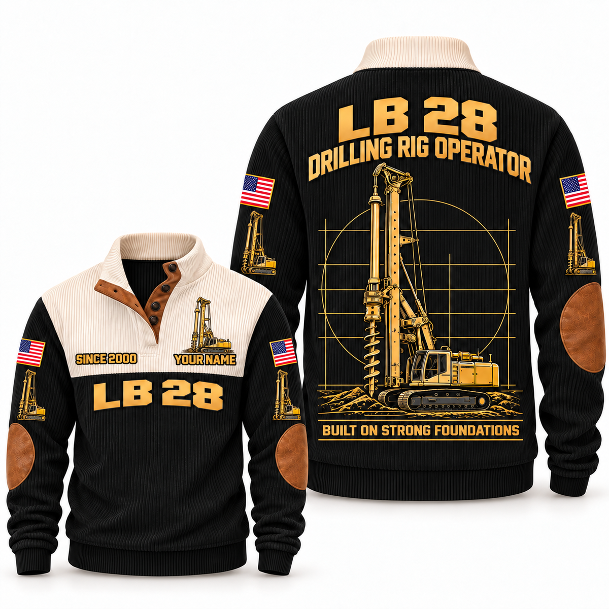 LB 28 Foundation Drilling Rig Operator Sports Sweatshirt in Black, front and back views, sample YOUR NAME and SINCE 2000 personalization