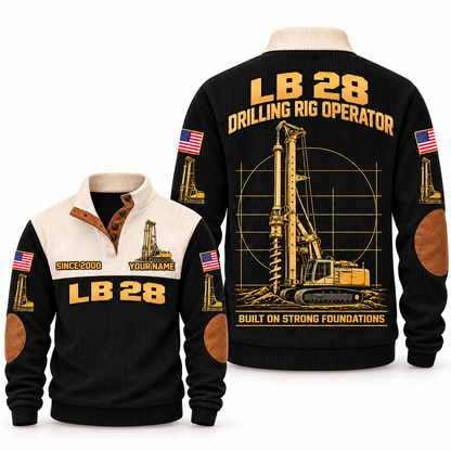 LB 28 Foundation Drilling Rig Operator Sports Sweatshirt in Black, front and back views, sample YOUR NAME and SINCE 2000 personalization