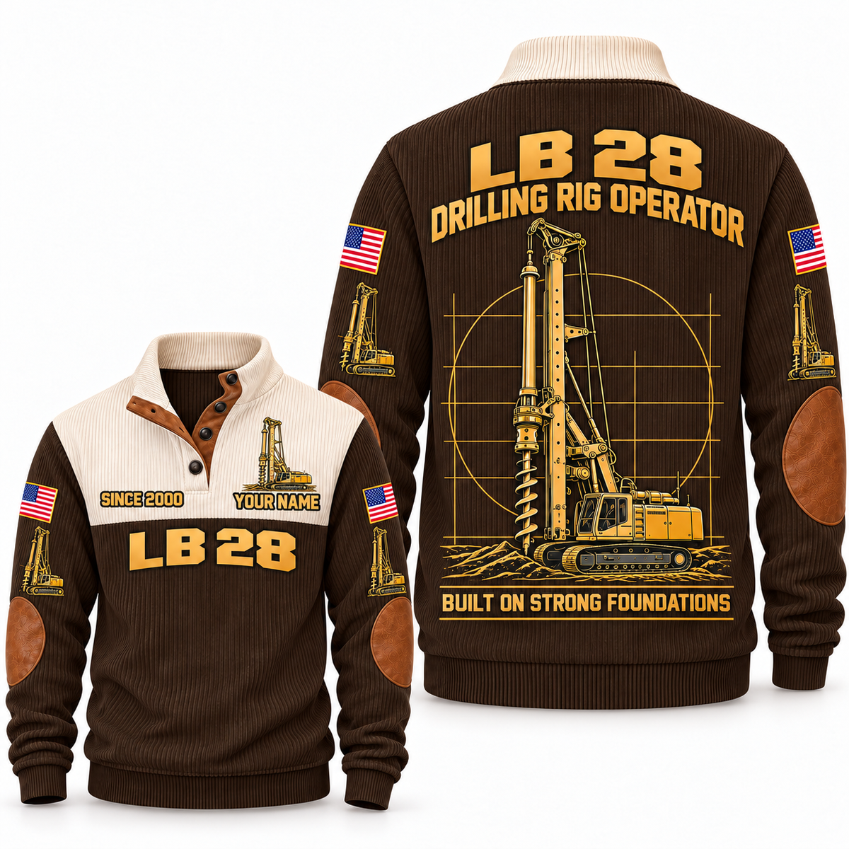 LB 28 Foundation Drilling Rig Operator Sports Sweatshirt in Brown, front and back views, sample YOUR NAME and SINCE 2000 personalization