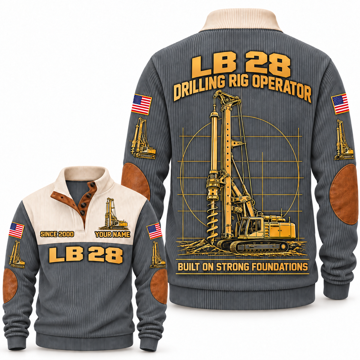 LB 28 Foundation Drilling Rig Operator Sports Sweatshirt in Grey, front and back views, sample YOUR NAME and SINCE 2000 personalization