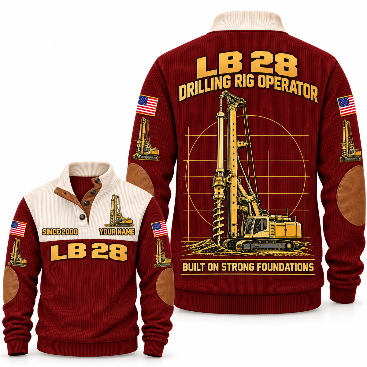 LB 28 Foundation Drilling Rig Operator Sports Sweatshirt in Jujube Red, front and back views, sample YOUR NAME and SINCE 2000 personalization
