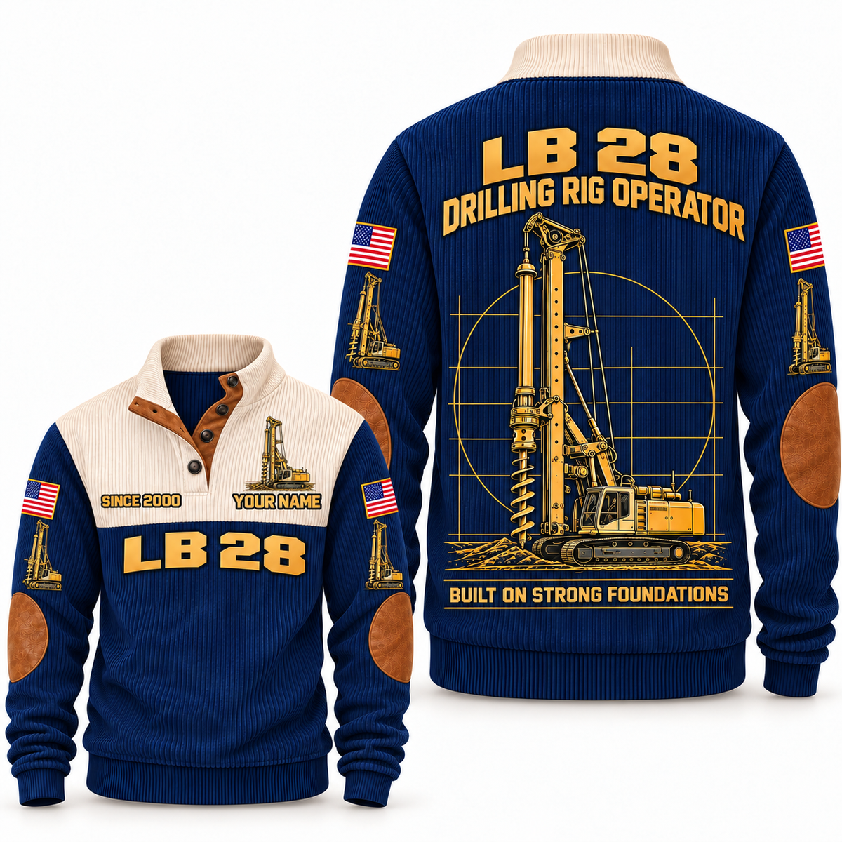LB 28 Foundation Drilling Rig Operator Sports Sweatshirt in Navy, front and back views, sample YOUR NAME and SINCE 2000 personalization