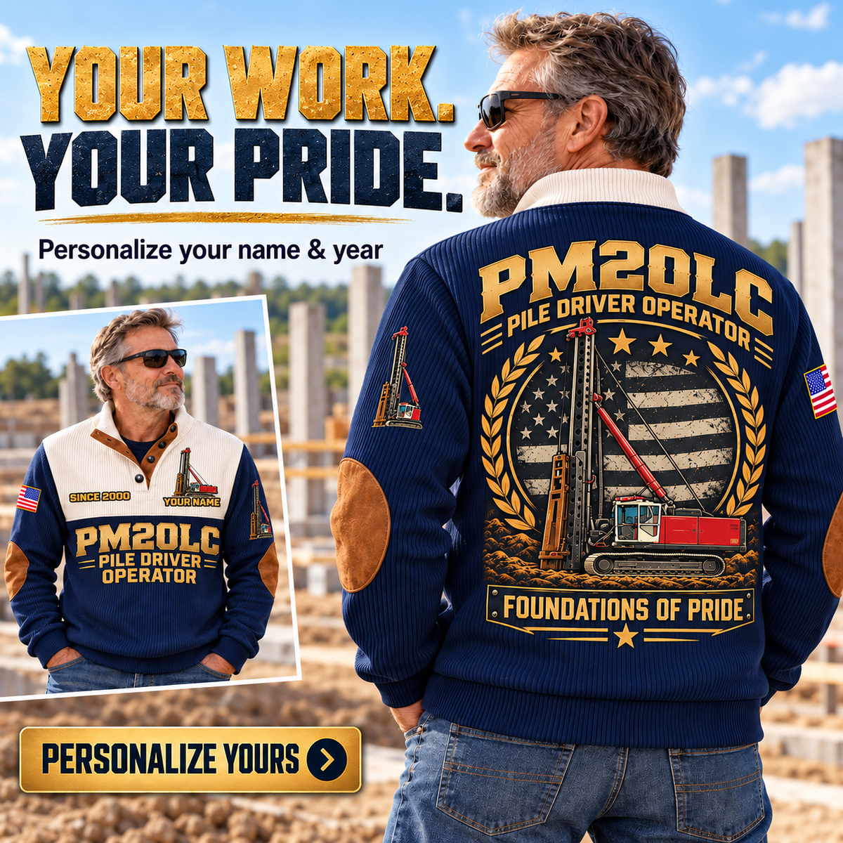 Personalized Junttan PM20LC Pile Driver Sports Sweatshirt in Navy, dedicated lifestyle featured image showing front and back artwork, personalized YOUR NAME and SINCE 2000