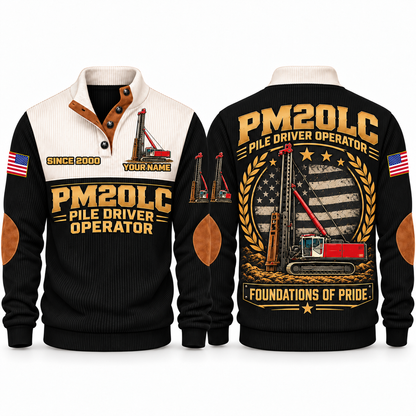 PM20LC Pile Driver Operator Sports Sweatshirt in Black, front and back views, sample YOUR NAME and SINCE 2000 personalization