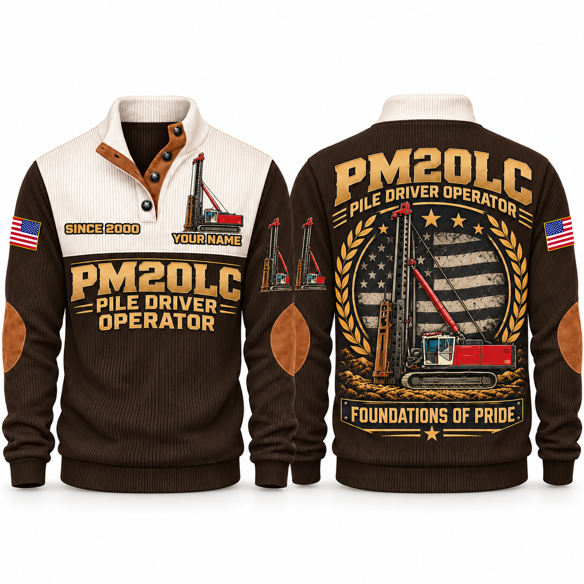 PM20LC Pile Driver Operator Sports Sweatshirt in Brown, front and back views, sample YOUR NAME and SINCE 2000 personalization