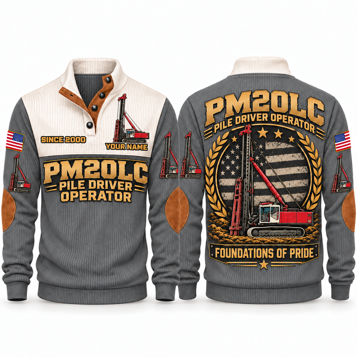 PM20LC Pile Driver Operator Sports Sweatshirt in Grey, front and back views, sample YOUR NAME and SINCE 2000 personalization