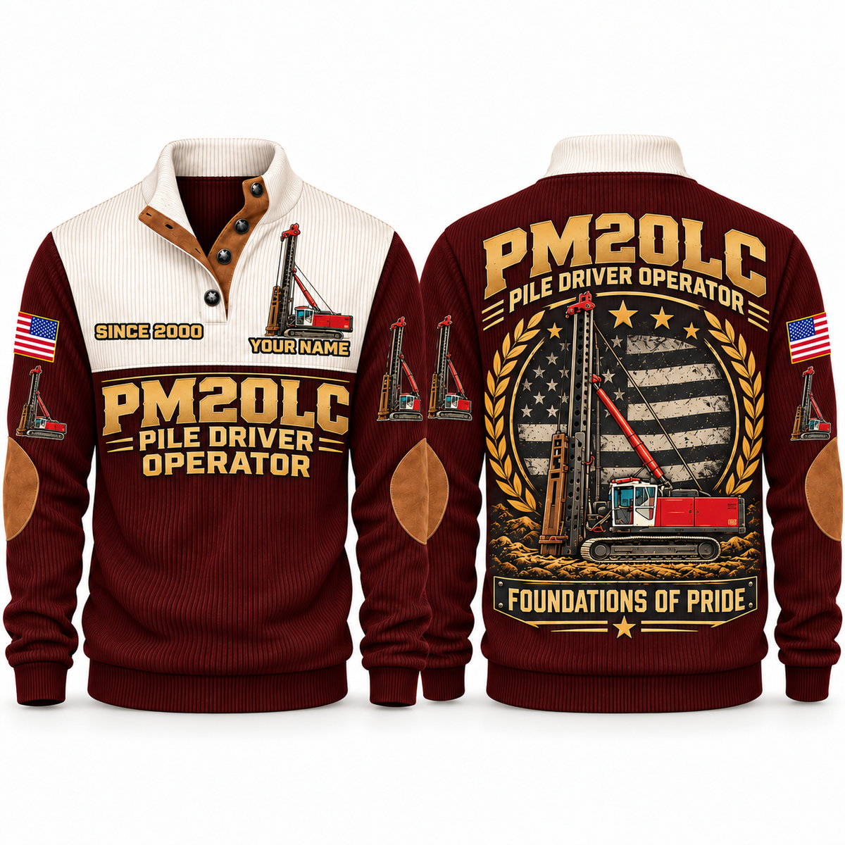 PM20LC Pile Driver Operator Sports Sweatshirt in Jujube Red, front and back views, sample YOUR NAME and SINCE 2000 personalization