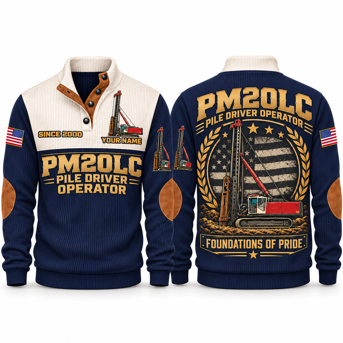 PM20LC Pile Driver Operator Sports Sweatshirt in Navy, front and back views, sample YOUR NAME and SINCE 2000 personalization
