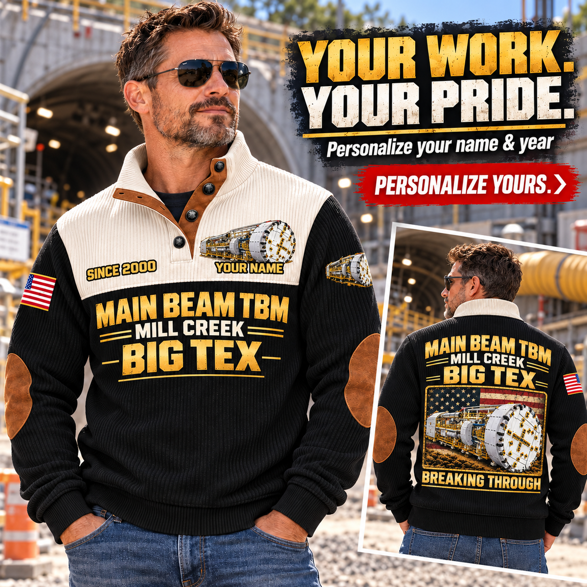 Personalized Robbins Main Beam TBM - Mill Creek Big Tex configuration Tunnel Boring Machine Sports Sweatshirt in Black, dedicated lifestyle featured image showing front and back artwork, personalized YOUR NAME and SINCE 2000