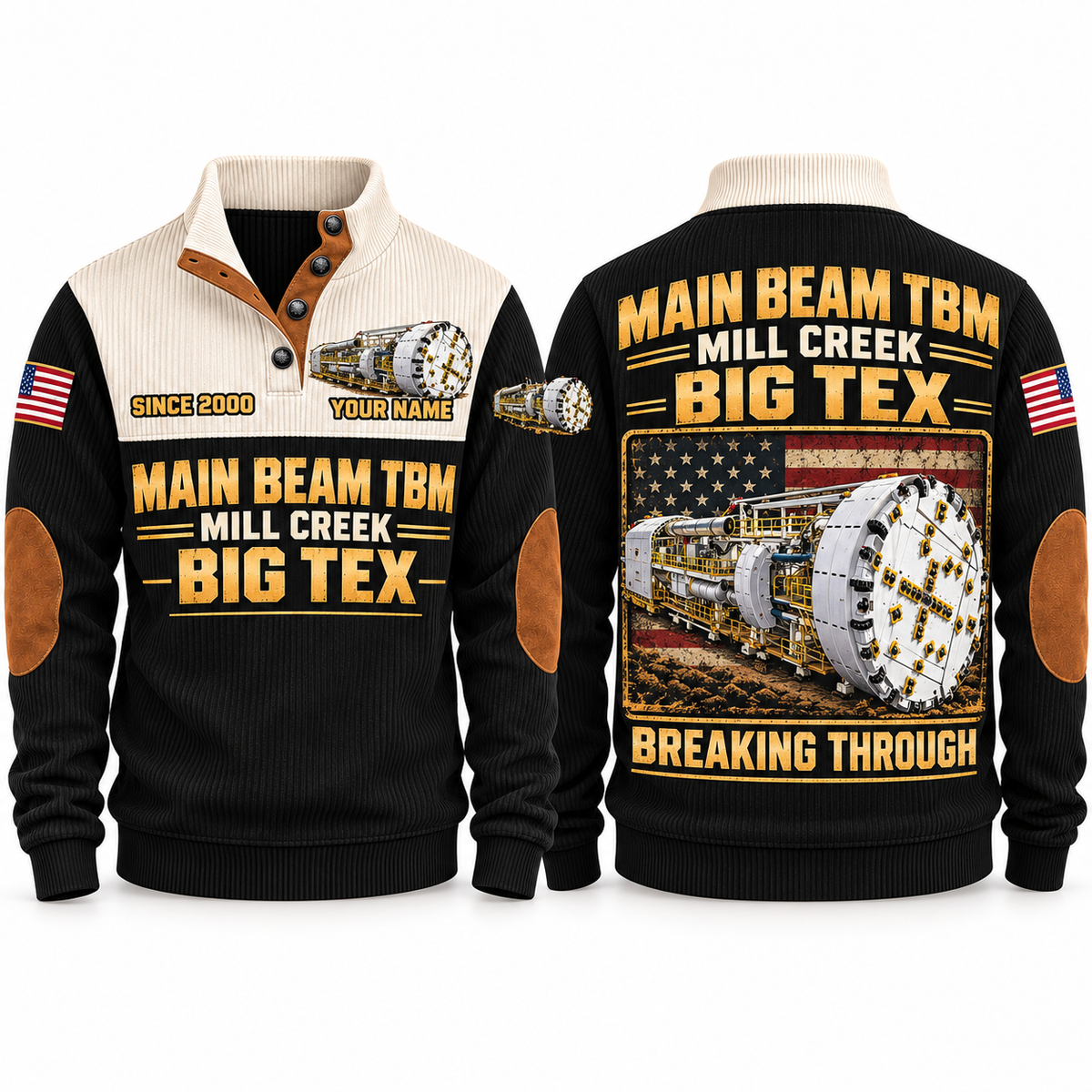 Main Beam TBM — Mill Creek Big Tex configuration Tunnel Boring Machine Operator Sports Sweatshirt in Black, front and back views, sample YOUR NAME and SINCE 2000 personalization