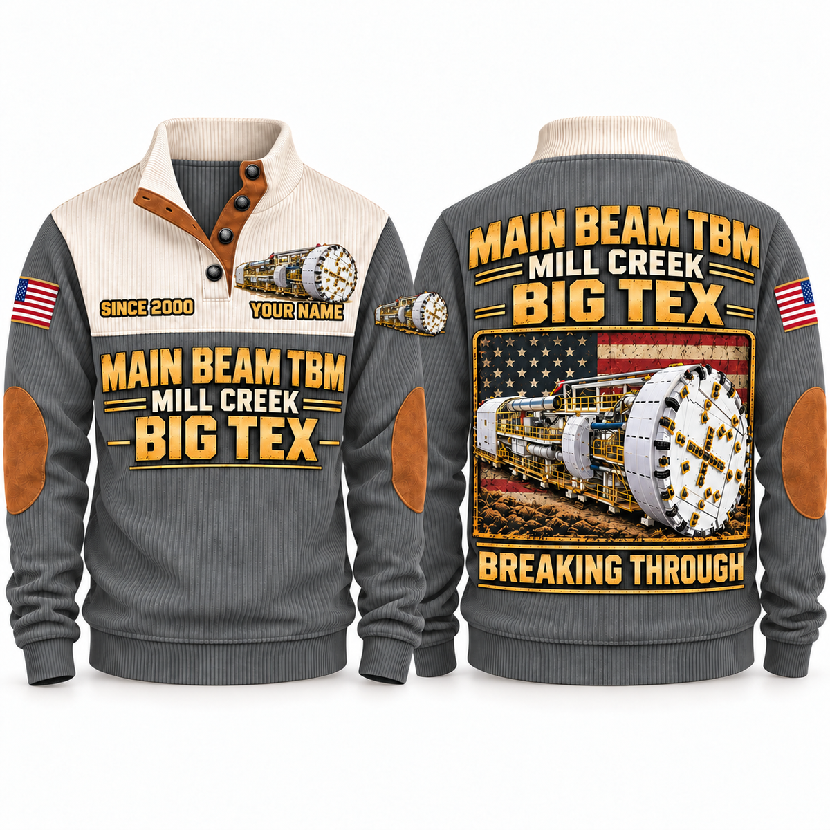 Main Beam TBM — Mill Creek Big Tex configuration Tunnel Boring Machine Operator Sports Sweatshirt in Grey, front and back views, sample YOUR NAME and SINCE 2000 personalization