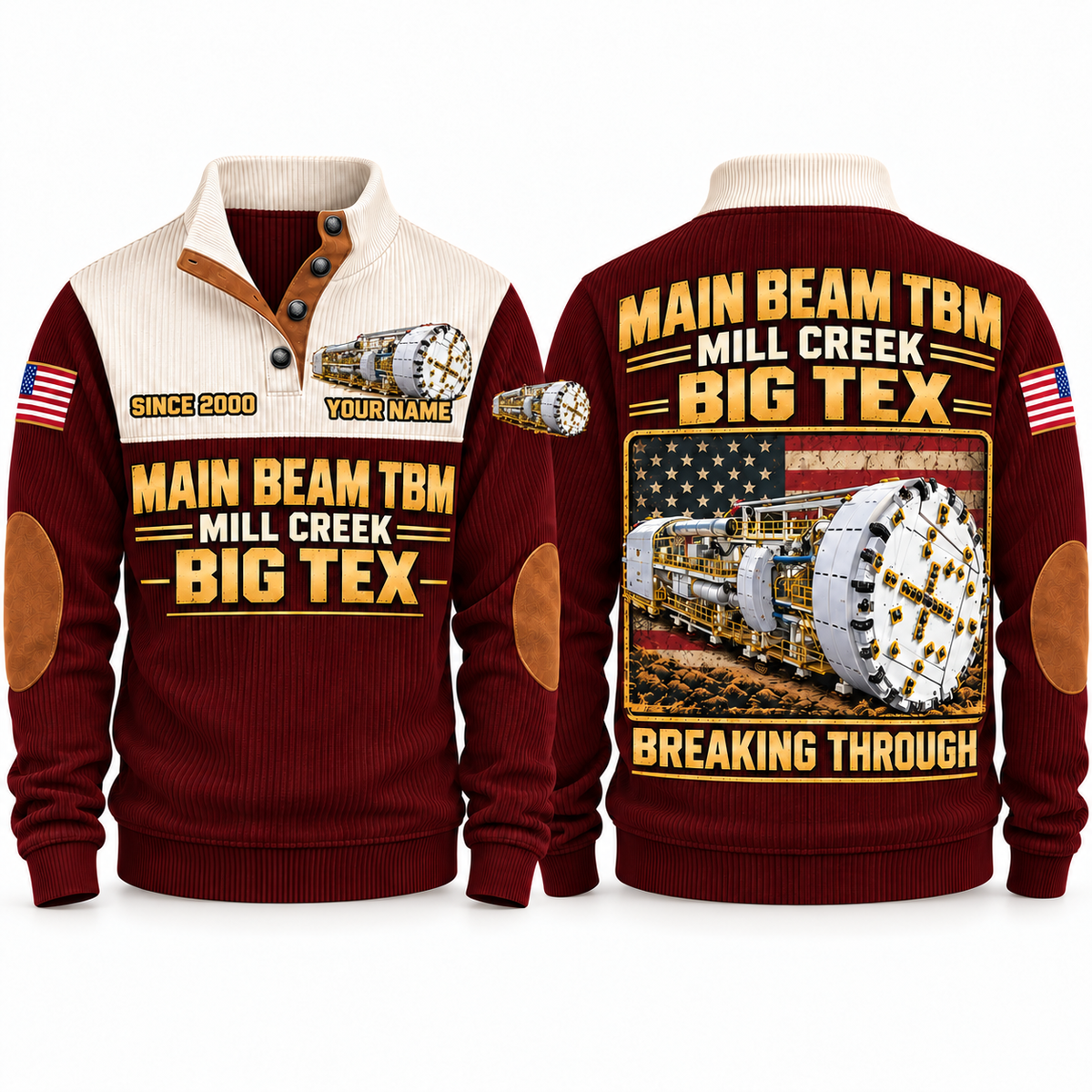 Main Beam TBM — Mill Creek Big Tex configuration Tunnel Boring Machine Operator Sports Sweatshirt in Jujube Red, front and back views, sample YOUR NAME and SINCE 2000 personalization