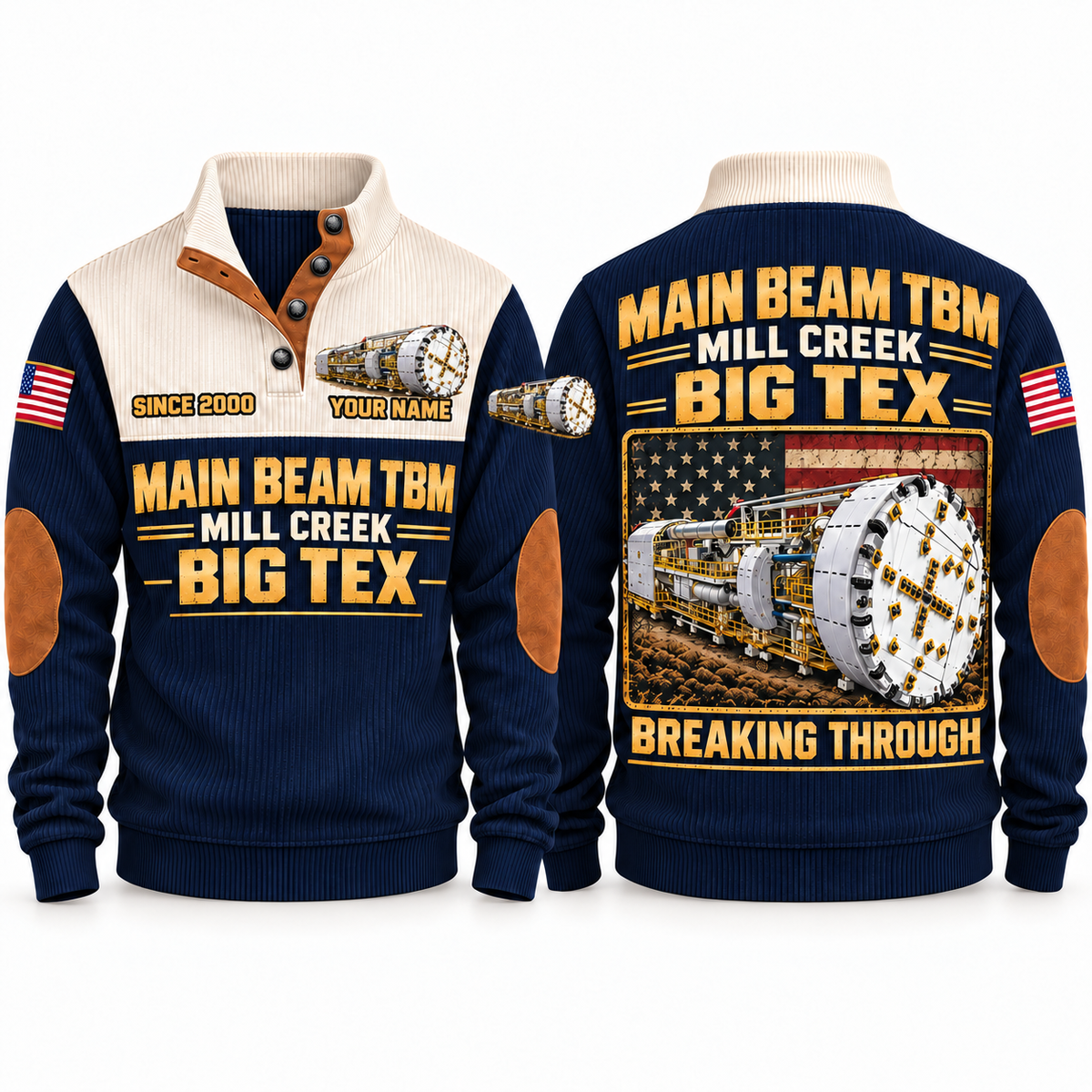 Main Beam TBM — Mill Creek Big Tex configuration Tunnel Boring Machine Operator Sports Sweatshirt in Navy, front and back views, sample YOUR NAME and SINCE 2000 personalization