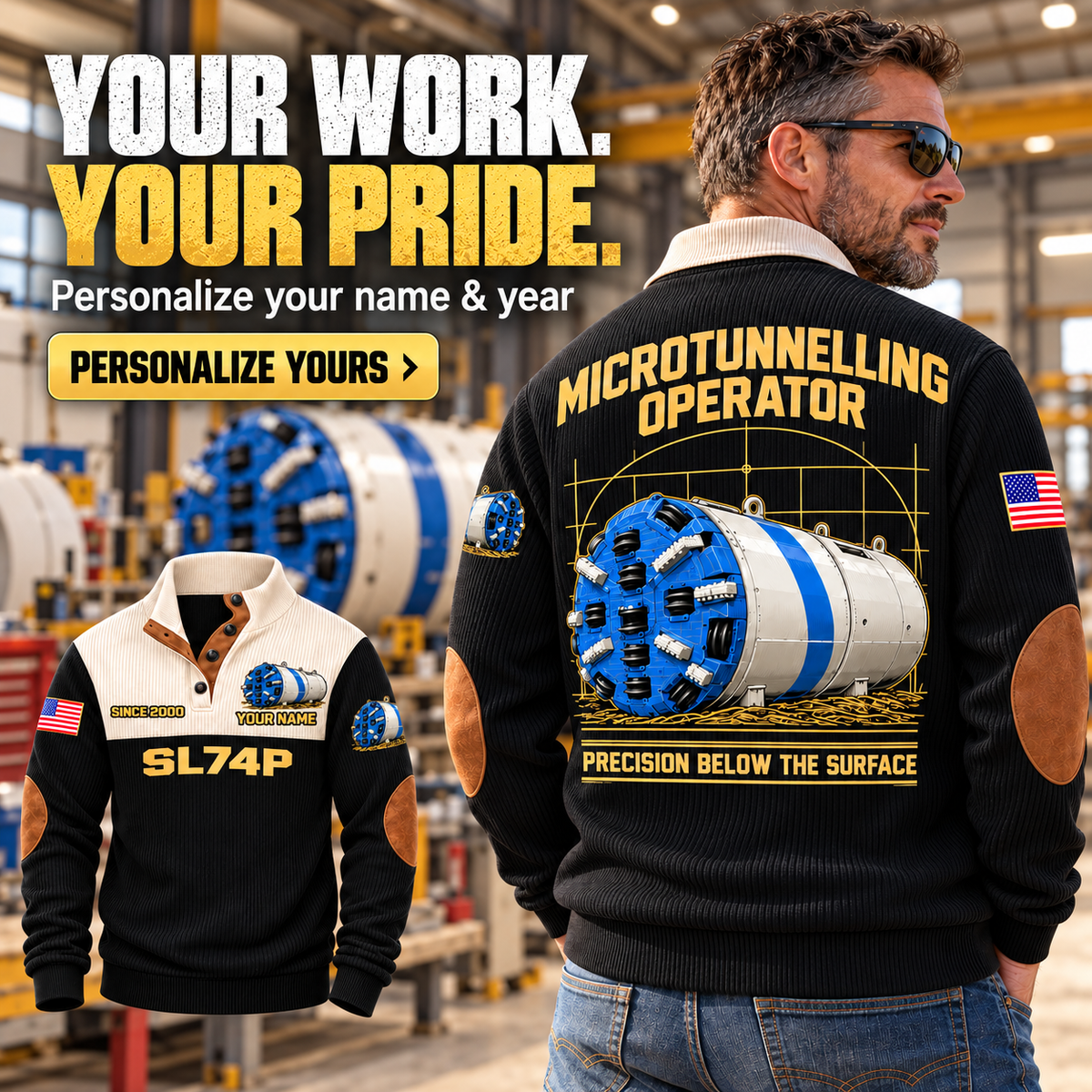 Personalized Akkerman SL74P Microtunnelling Machine Sports Sweatshirt in Black, dedicated lifestyle featured image showing front and back artwork, personalized YOUR NAME and SINCE 2000