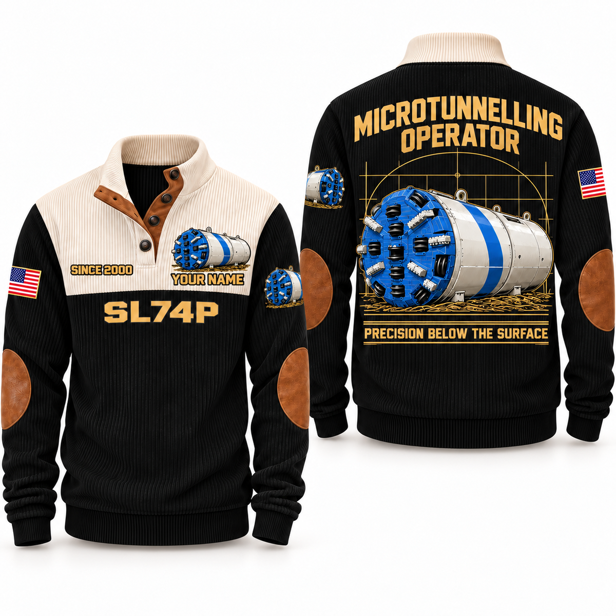 SL74P Microtunnelling Machine Operator Sports Sweatshirt in Black, front and back views, sample YOUR NAME and SINCE 2000 personalization