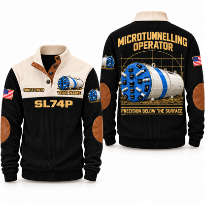 SL74P Microtunnelling Machine Operator Sports Sweatshirt in Black, front and back views, sample YOUR NAME and SINCE 2000 personalization