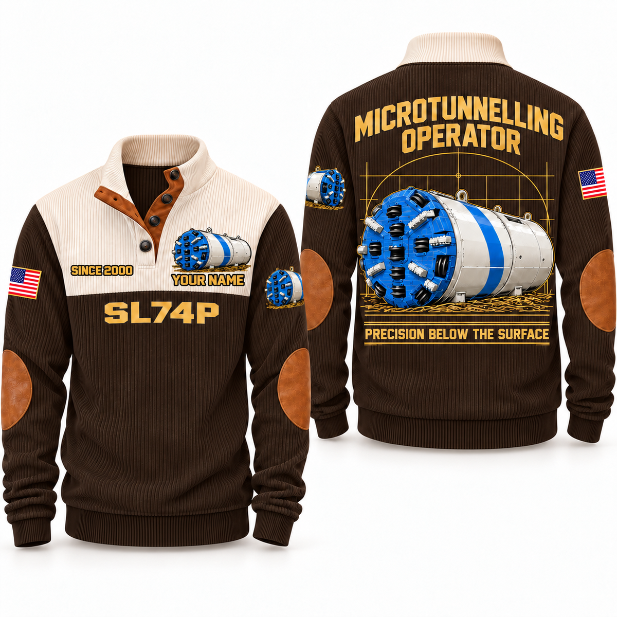 SL74P Microtunnelling Machine Operator Sports Sweatshirt in Brown, front and back views, sample YOUR NAME and SINCE 2000 personalization
