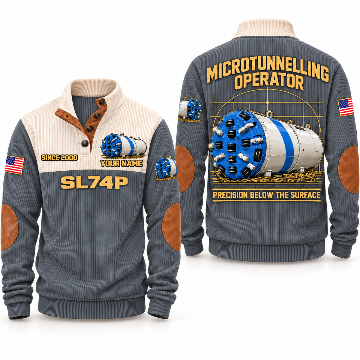 SL74P Microtunnelling Machine Operator Sports Sweatshirt in Grey, front and back views, sample YOUR NAME and SINCE 2000 personalization