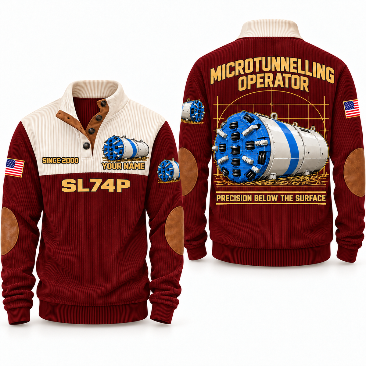 SL74P Microtunnelling Machine Operator Sports Sweatshirt in Jujube Red, front and back views, sample YOUR NAME and SINCE 2000 personalization