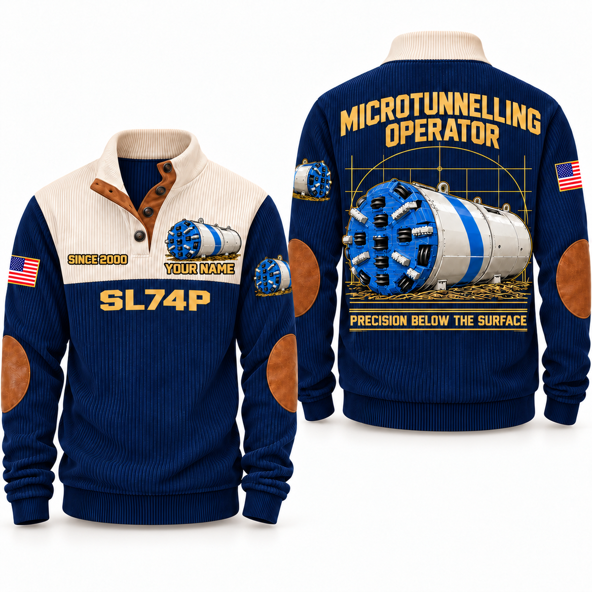 SL74P Microtunnelling Machine Operator Sports Sweatshirt in Navy, front and back views, sample YOUR NAME and SINCE 2000 personalization