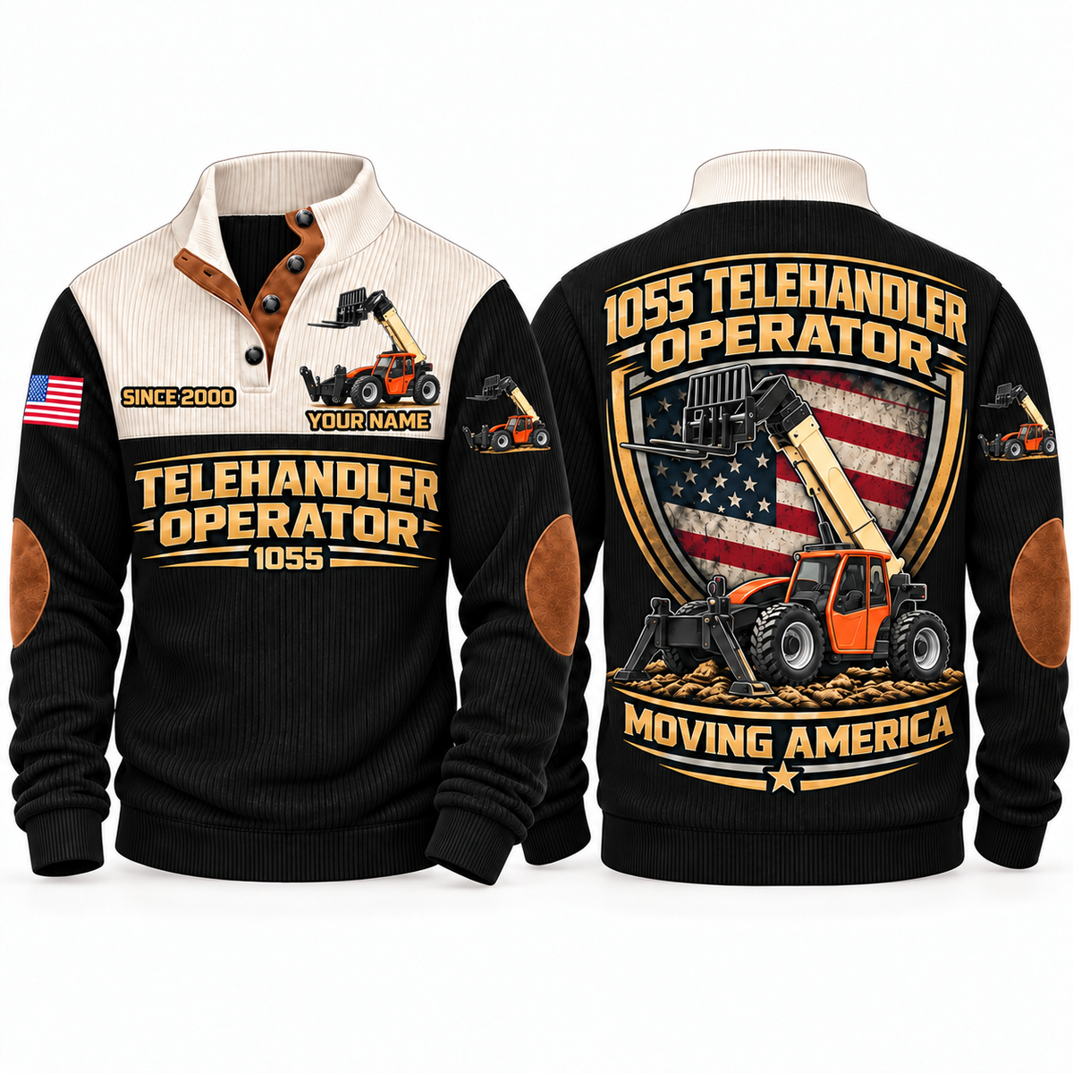 1055 Telehandler Operator Sports Sweatshirt in Black, front and back views, sample YOUR NAME and SINCE 2000 personalization