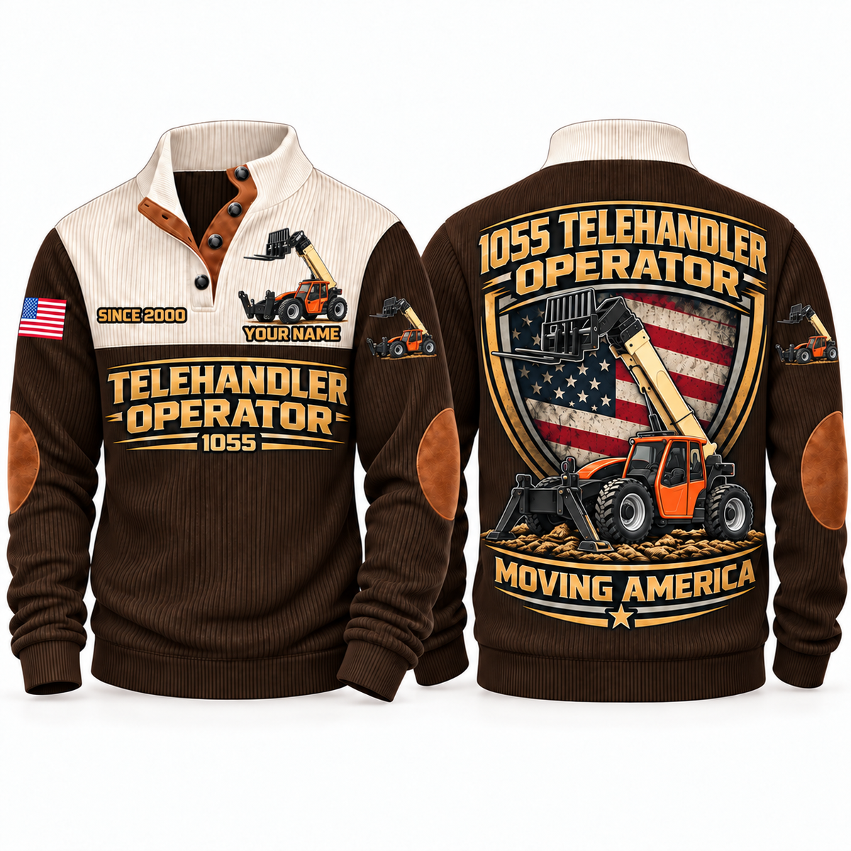 1055 Telehandler Operator Sports Sweatshirt in Brown, front and back views, sample YOUR NAME and SINCE 2000 personalization