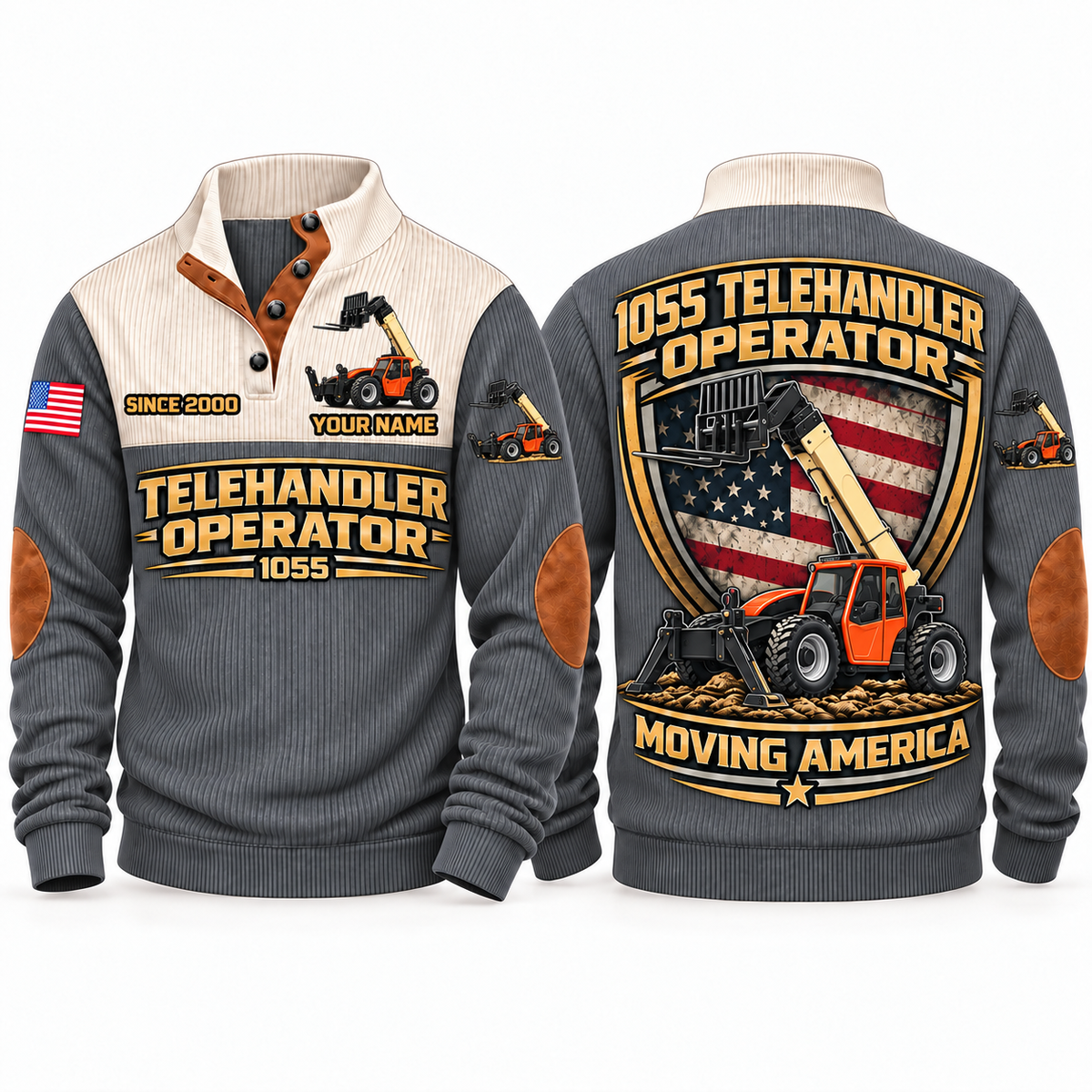 1055 Telehandler Operator Sports Sweatshirt in Grey, front and back views, sample YOUR NAME and SINCE 2000 personalization