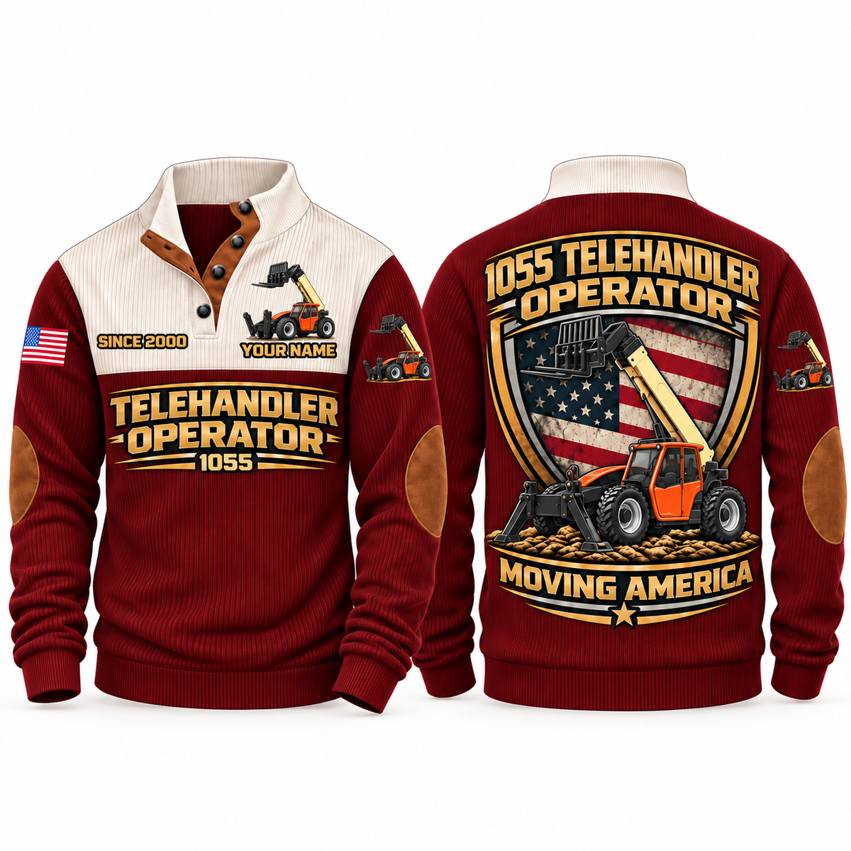 1055 Telehandler Operator Sports Sweatshirt in Jujube Red, front and back views, sample YOUR NAME and SINCE 2000 personalization