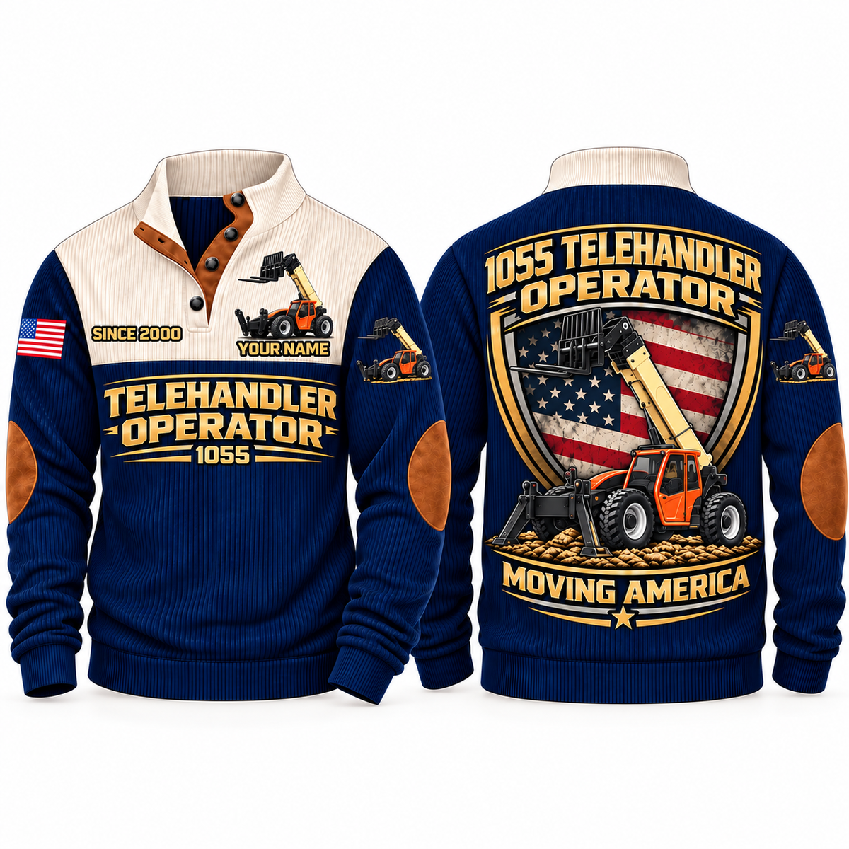 1055 Telehandler Operator Sports Sweatshirt in Navy, front and back views, sample YOUR NAME and SINCE 2000 personalization