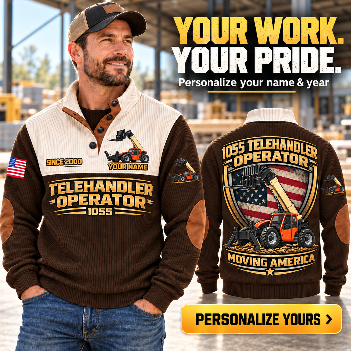 Personalized JLG 1055 Telehandler Sports Sweatshirt in Brown, dedicated lifestyle featured image showing front and back artwork, personalized YOUR NAME and SINCE 2000